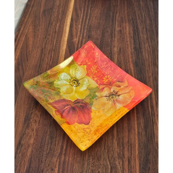 Fabrice De Villeneuve Decorative Floral Art Glass Tray - Picture 1 of 6